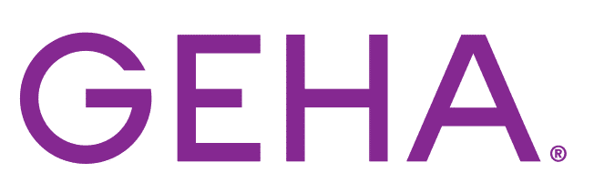 GEHA Logo: Purple lettering on a gray background. GEHA provides health plans & insurance benefits for federal employees and retirees.