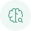 Brain research icon. Green circle with brain outline and magnifying glass, representing cognitive search and AI research.