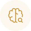 Brain research icon. Brain graphic with a magnifying glass on a golden circle. Concept for cognitive science and problem solving.