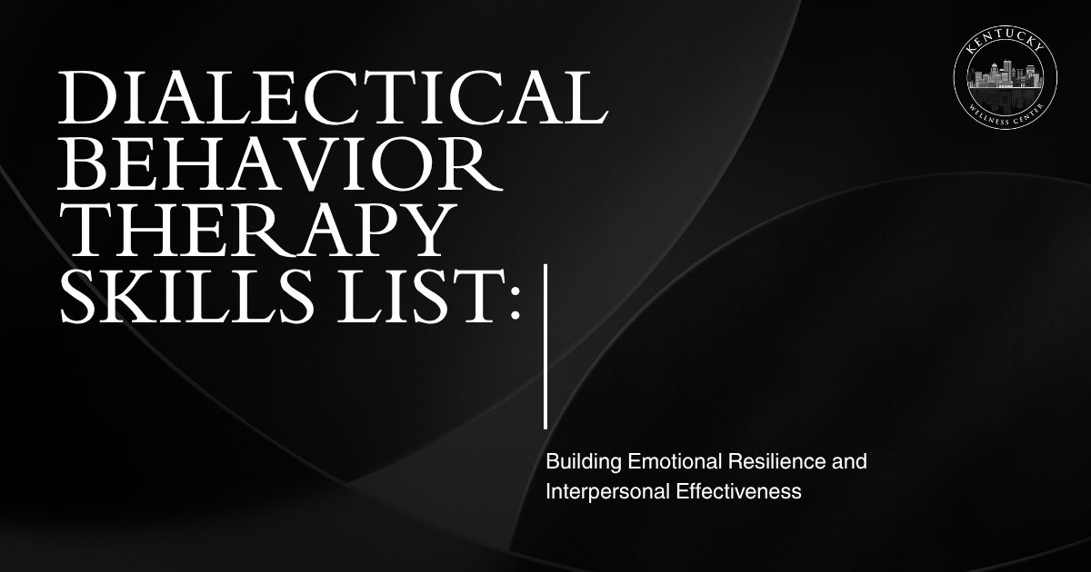 Slide cover: 'Dialectical Behavior Therapy Skills List' on a dark background, subtitle 'Building Emotional Resilience and Interpersonal Effectiveness', Kentucky Wellness Center logo in corner.