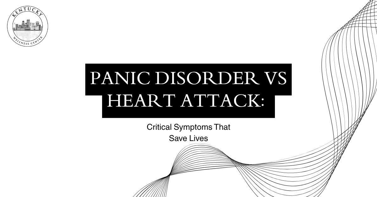 Banner titled 'Panic Disorder vs Heart Attack' with subtitle 'Critical Symptoms That Save Lives' and decorative wave design; Kentucky Wellness Center logo top-left.